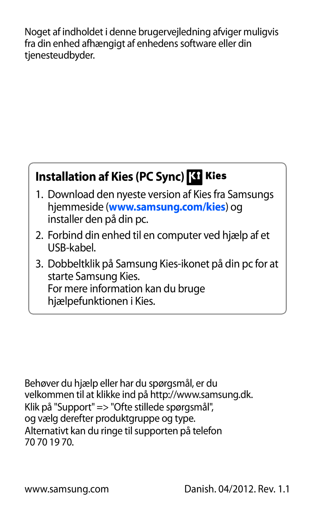 Samsung GT-I9210DAANEE manual Installation af Kies PC Sync 