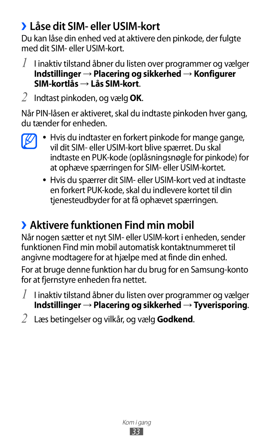 Samsung GT-I9210DAANEE manual ››Låse dit SIM- eller USIM-kort, ››Aktivere funktionen Find min mobil 