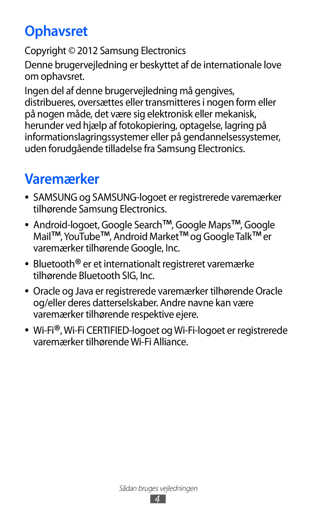 Samsung GT-I9210DAANEE manual Ophavsret, Varemærker 