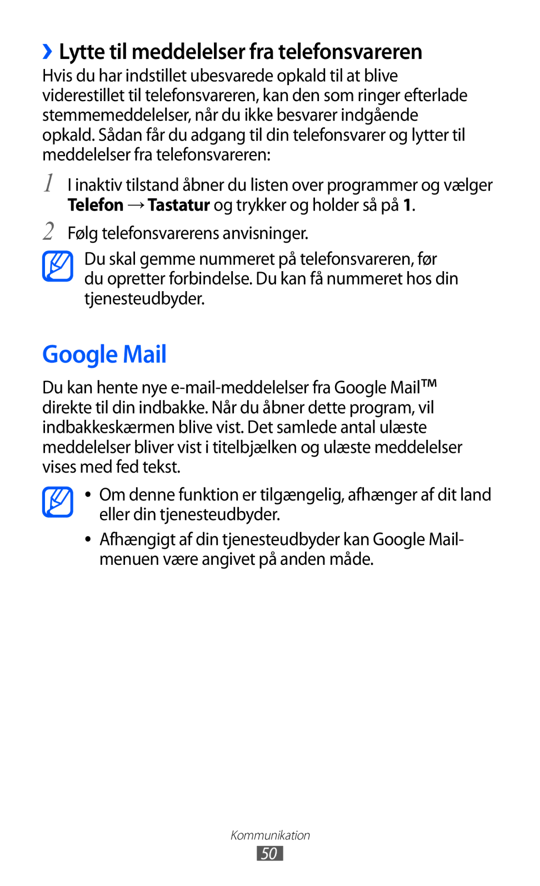 Samsung GT-I9210DAANEE manual Google Mail, ››Lytte til meddelelser fra telefonsvareren 