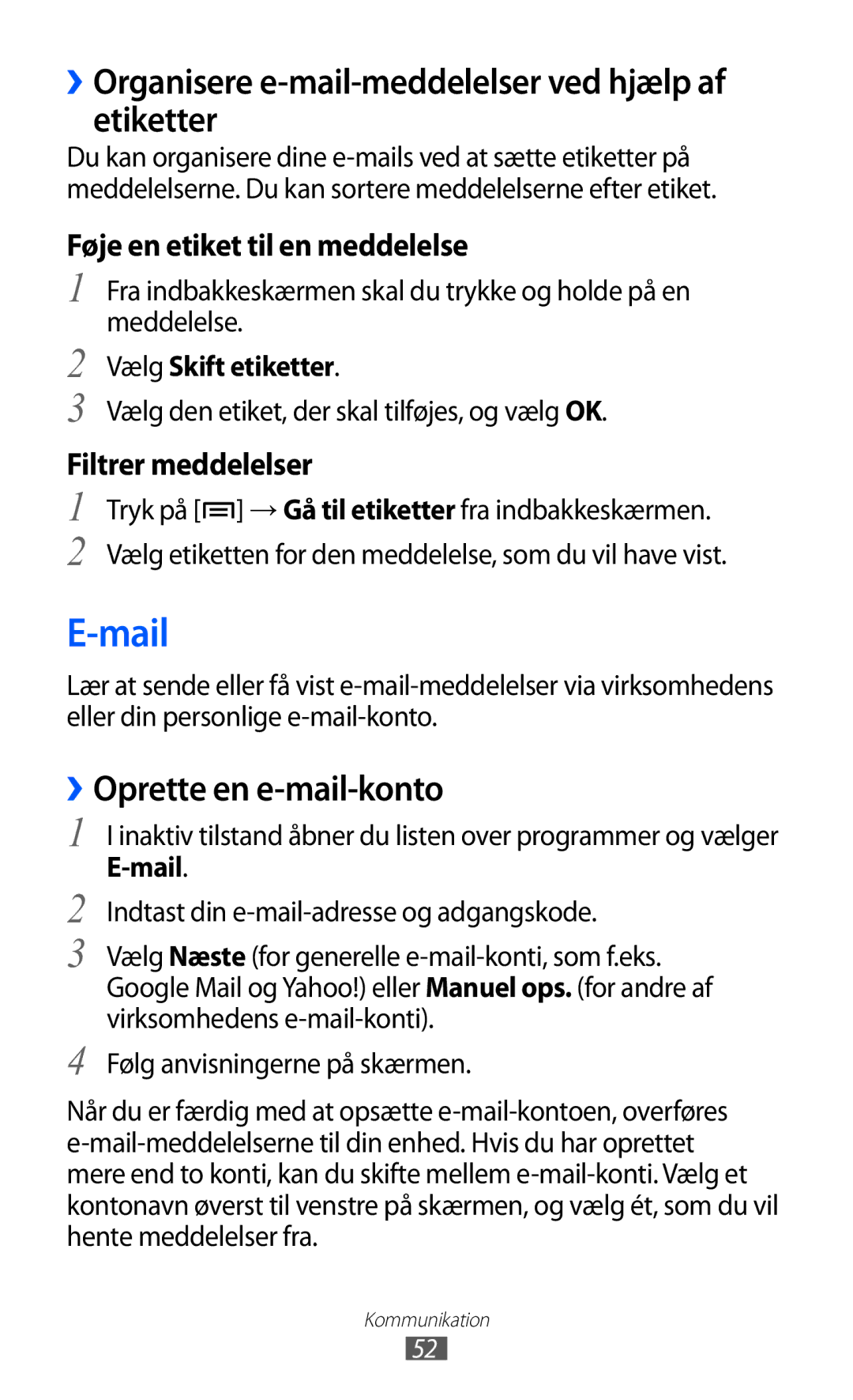 Samsung GT-I9210DAANEE manual Mail, ››Organisere e-mail-meddelelser ved hjælp af etiketter, ››Oprette en e-mail-konto 