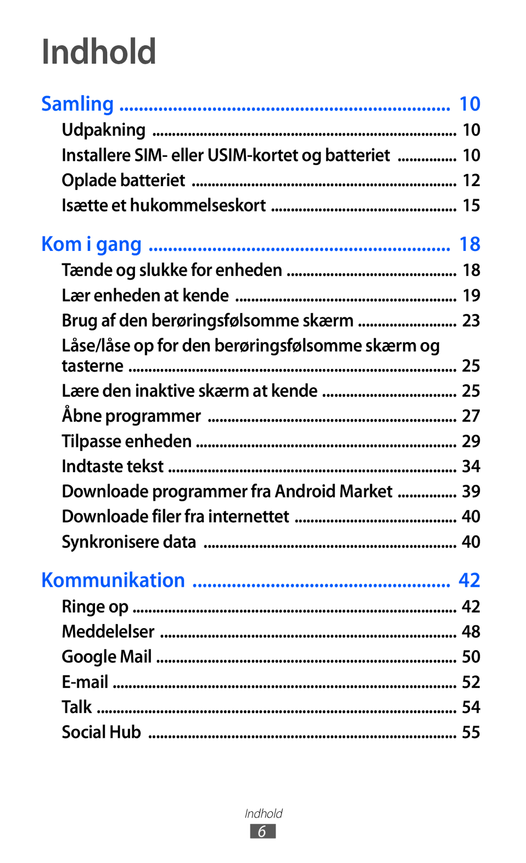 Samsung GT-I9210DAANEE manual Indhold, Samling 