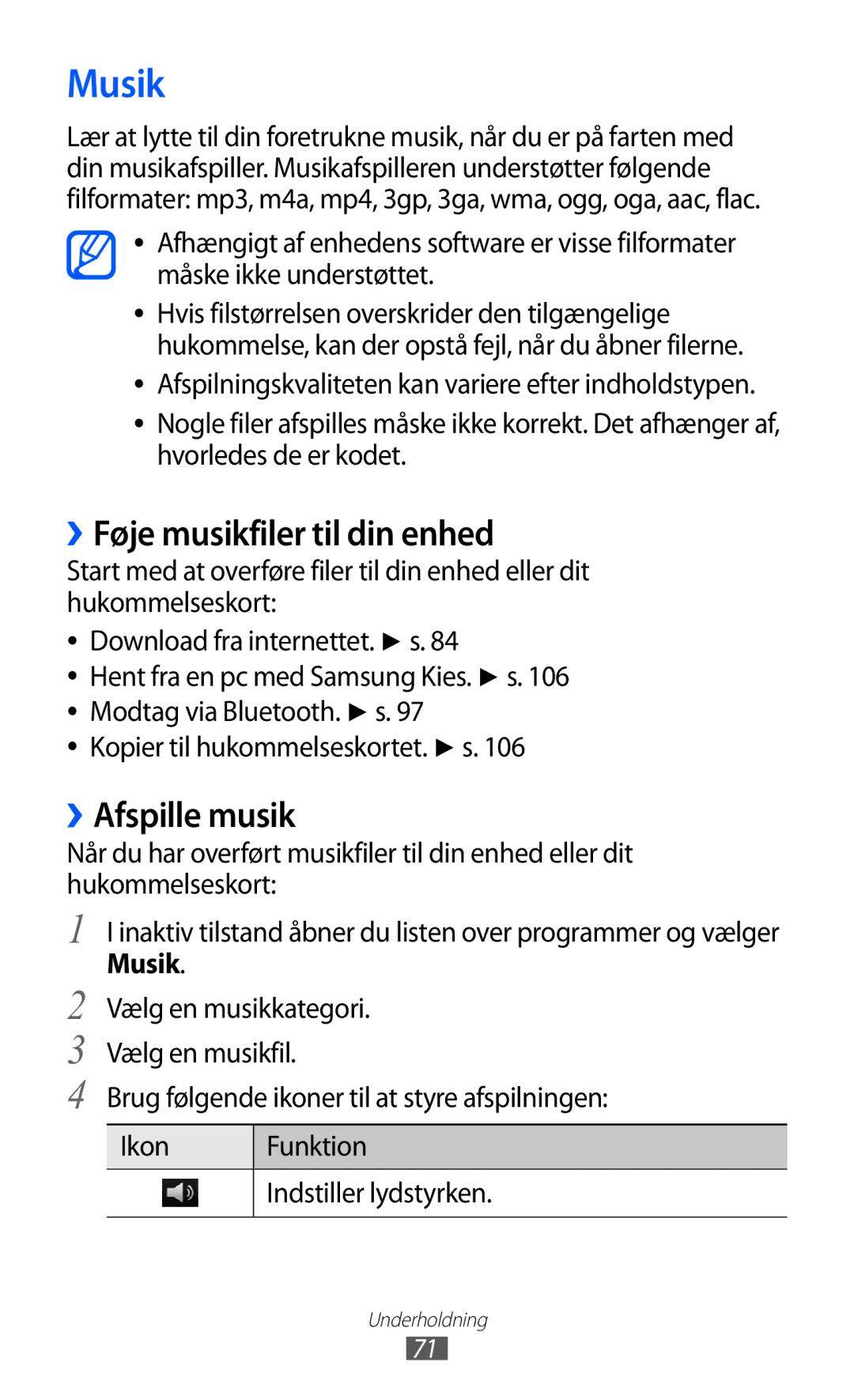 Samsung GT-I9210DAANEE manual Musik, ››Føje musikfiler til din enhed, ››Afspille musik, Kopier til hukommelseskortet. s 