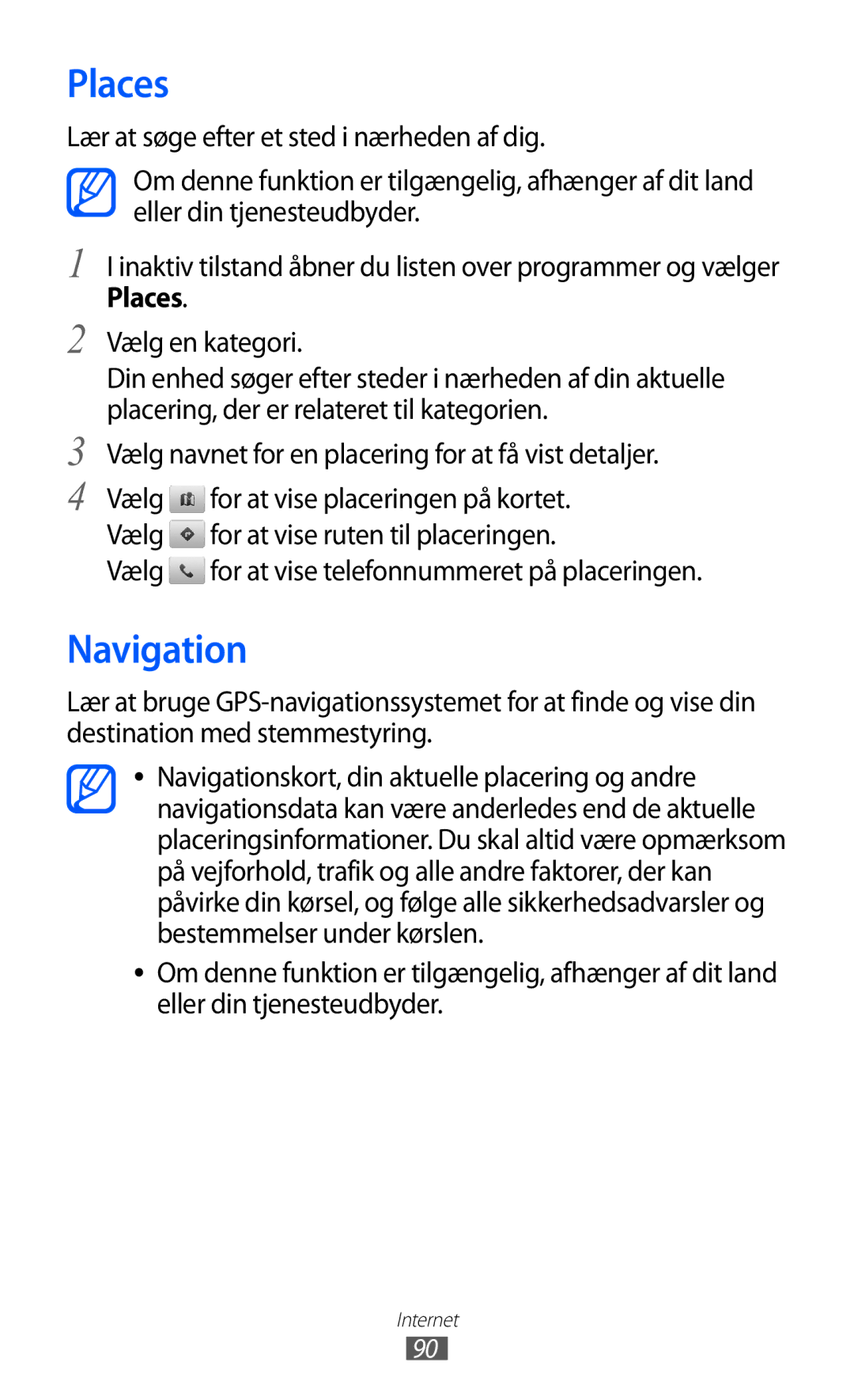 Samsung GT-I9210DAANEE manual Places, Navigation, Vælg for at vise telefonnummeret på placeringen 