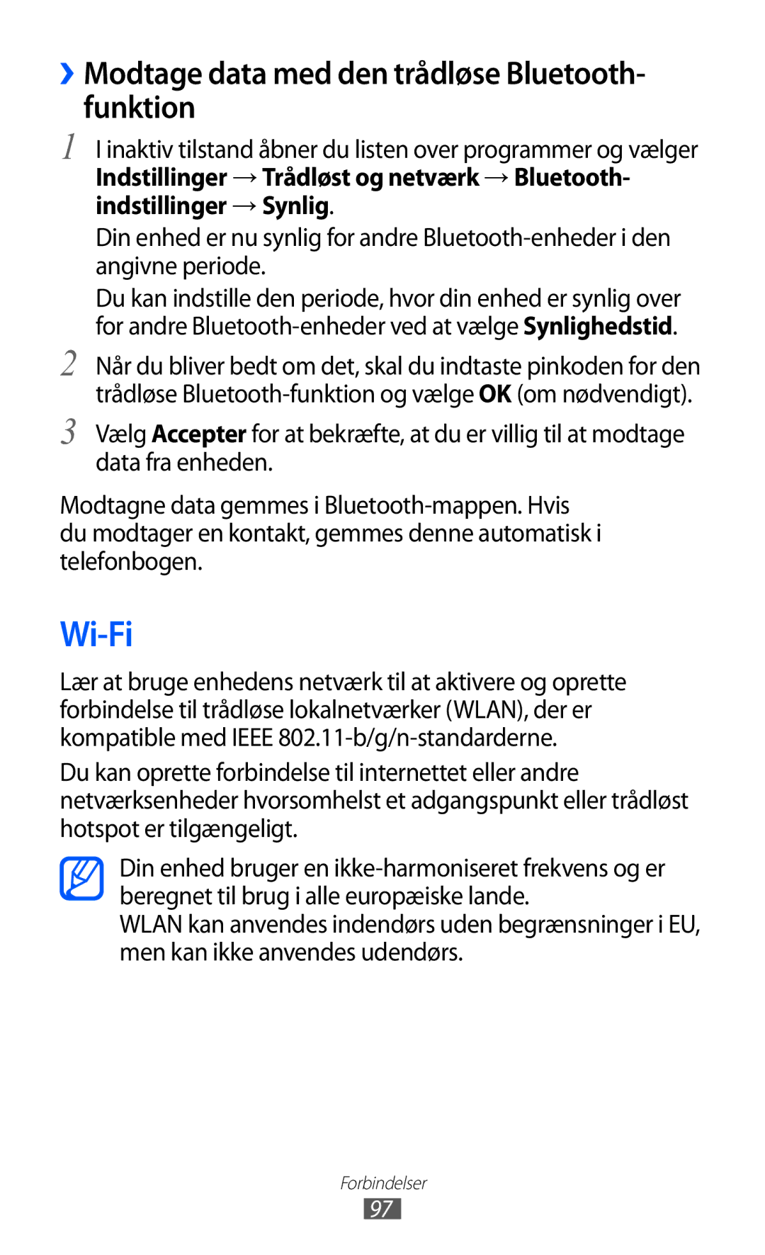 Samsung GT-I9210DAANEE manual Wi-Fi, ››Modtage data med den trådløse Bluetooth- funktion 