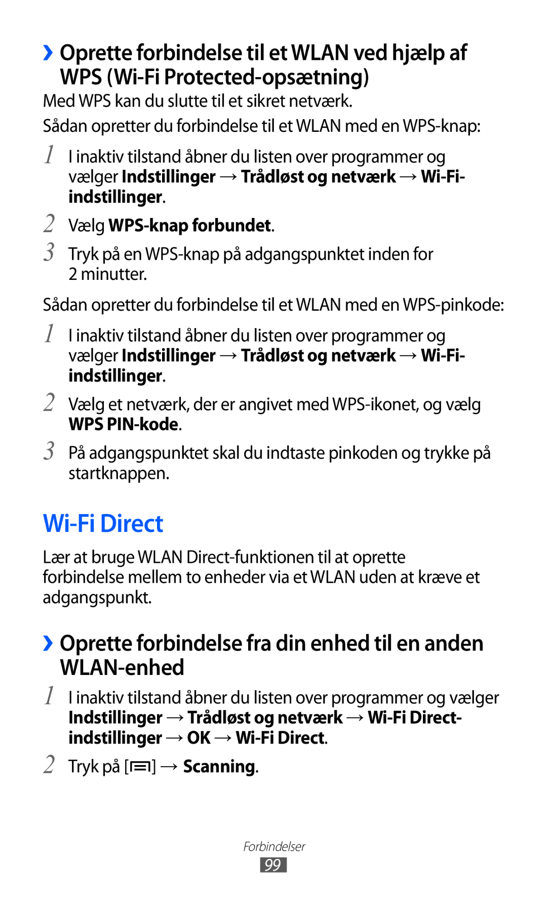 Samsung GT-I9210DAANEE Wi-Fi Direct, WPS Wi-Fi Protected-opsætning, WLAN-enhed, Vælg WPS-knap forbundet, WPS PIN-kode 