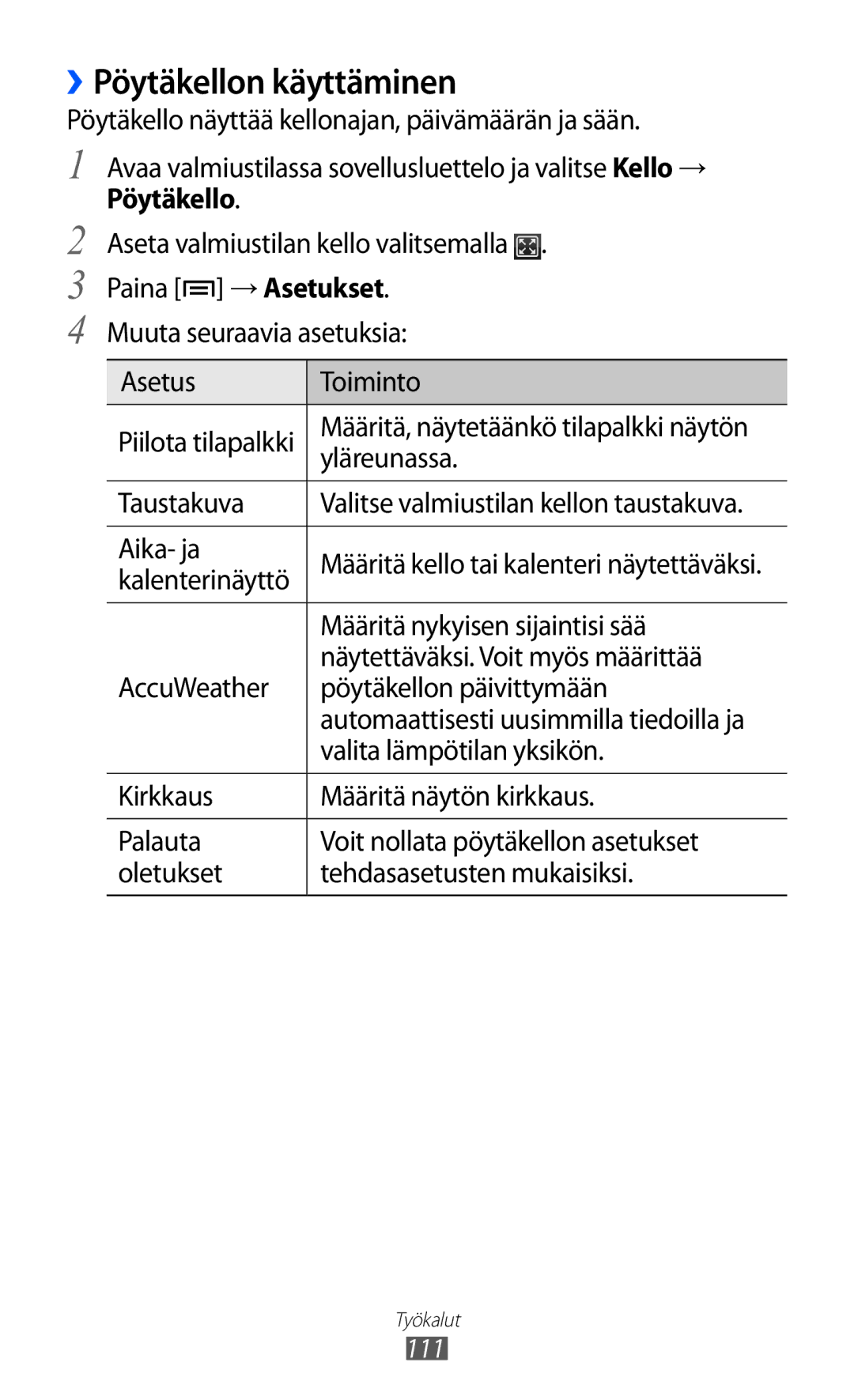 Samsung GT-I9210DAANEE manual ››Pöytäkellon käyttäminen 