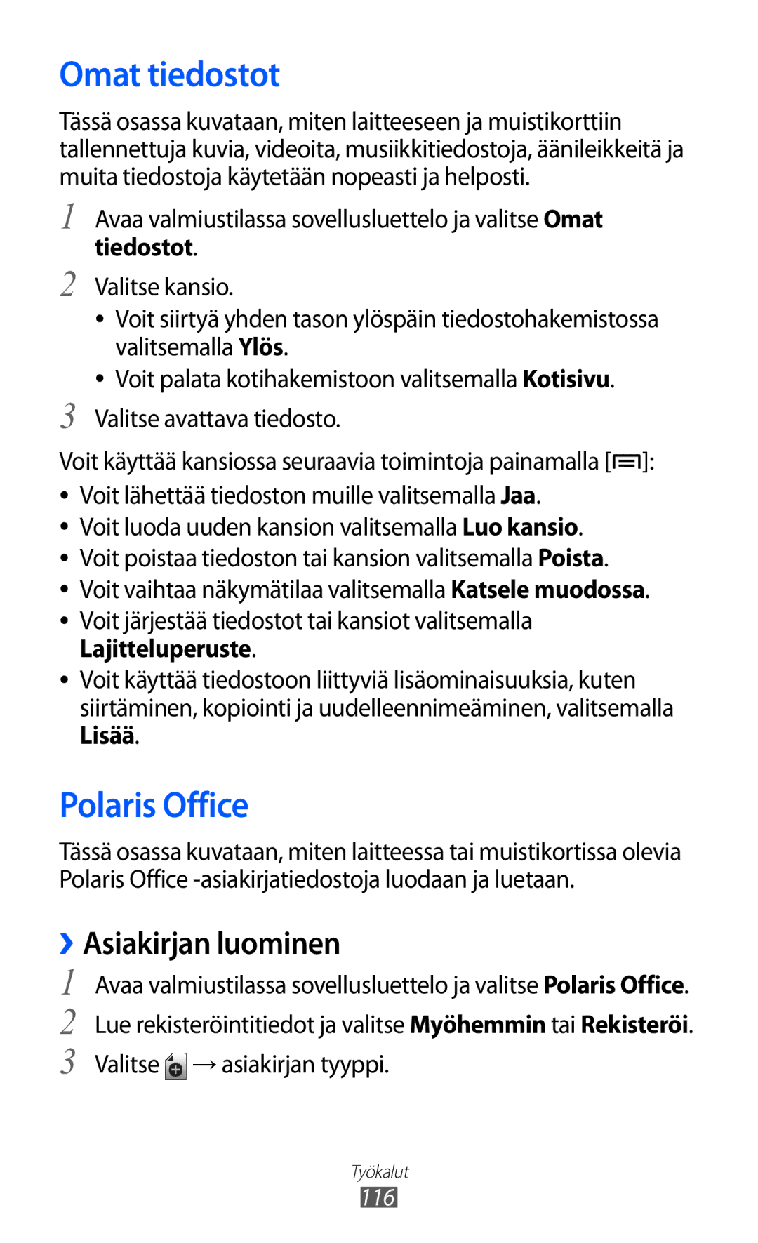 Samsung GT-I9210DAANEE manual Omat tiedostot, Polaris Office, Asiakirjan luominen, Valitse → asiakirjan tyyppi 