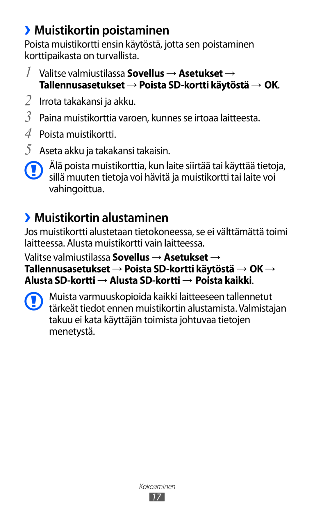 Samsung GT-I9210DAANEE manual ››Muistikortin poistaminen, ››Muistikortin alustaminen 