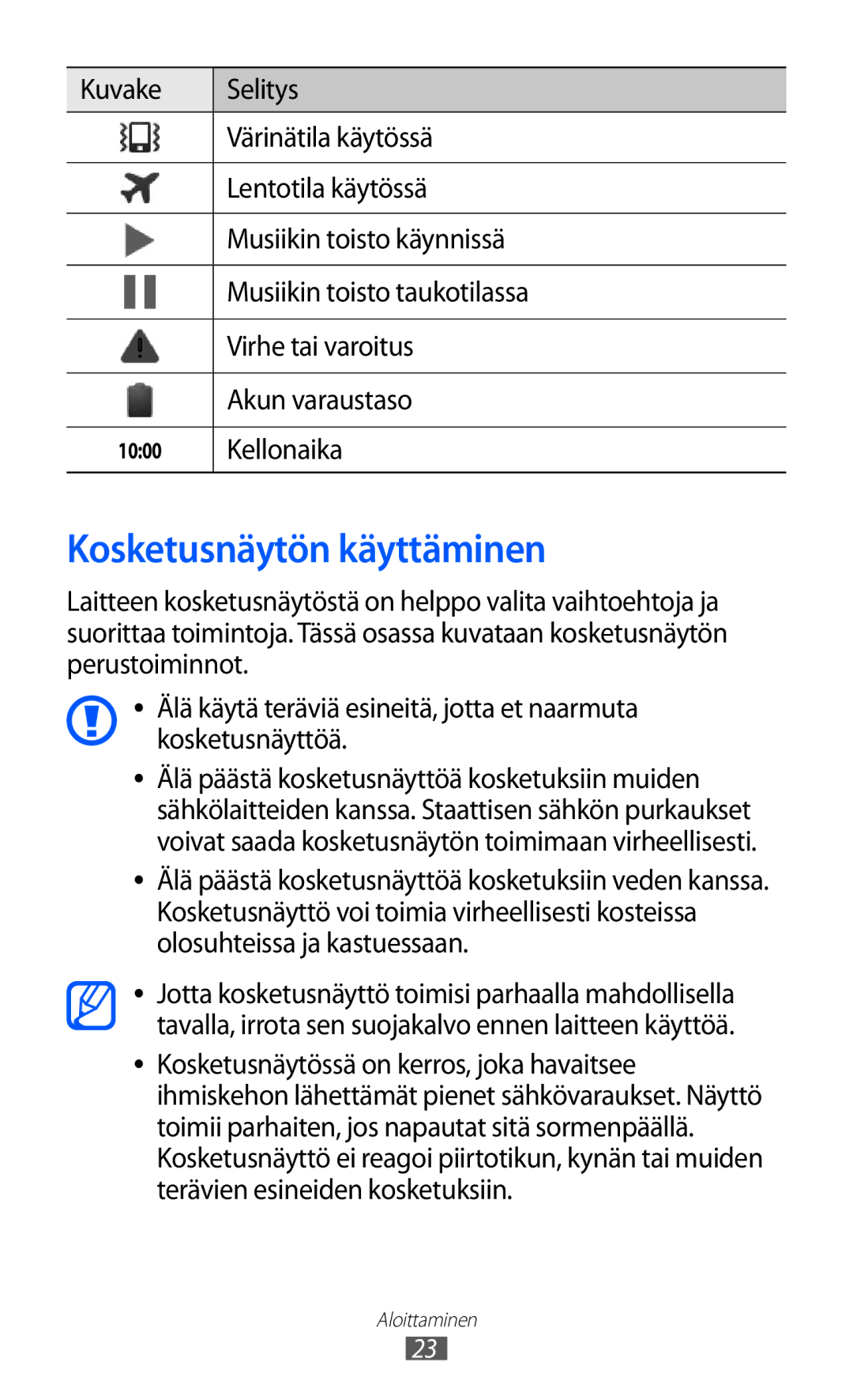 Samsung GT-I9210DAANEE manual Kosketusnäytön käyttäminen, Kellonaika 