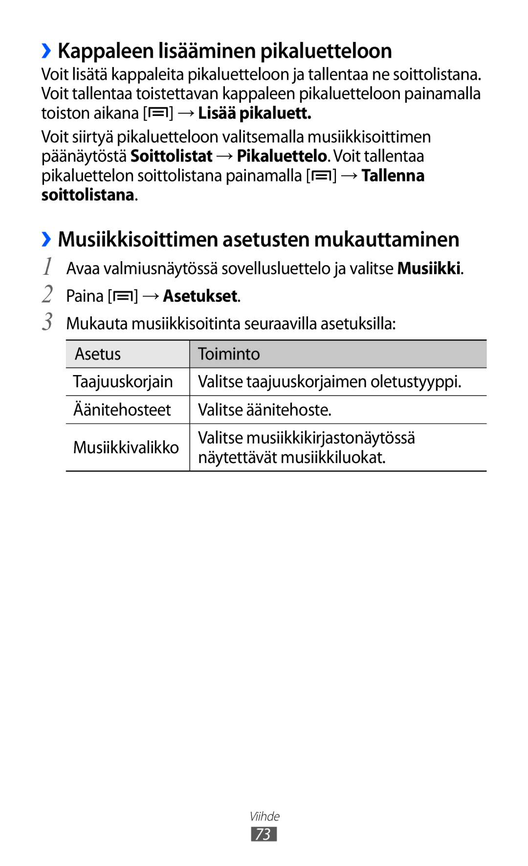 Samsung GT-I9210DAANEE manual ››Kappaleen lisääminen pikaluetteloon, ››Musiikkisoittimen asetusten mukauttaminen 