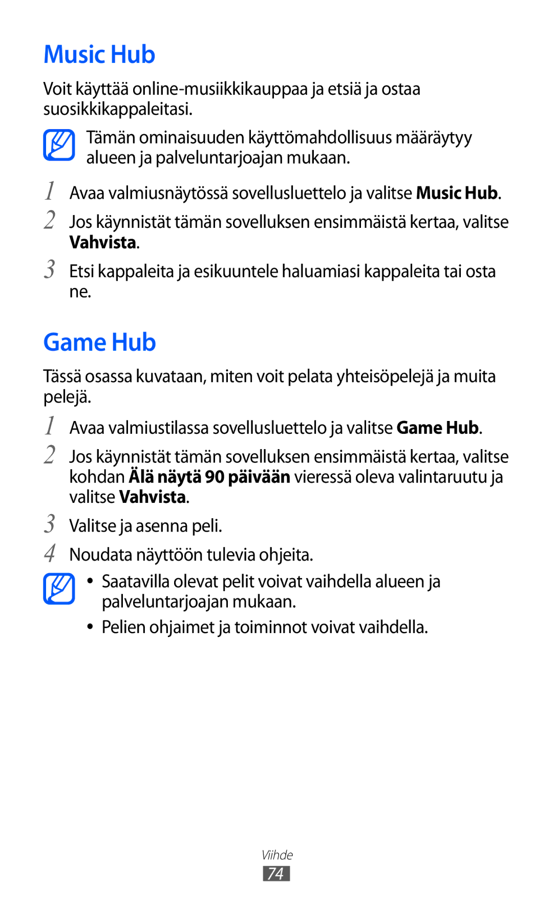 Samsung GT-I9210DAANEE manual Music Hub, Game Hub 