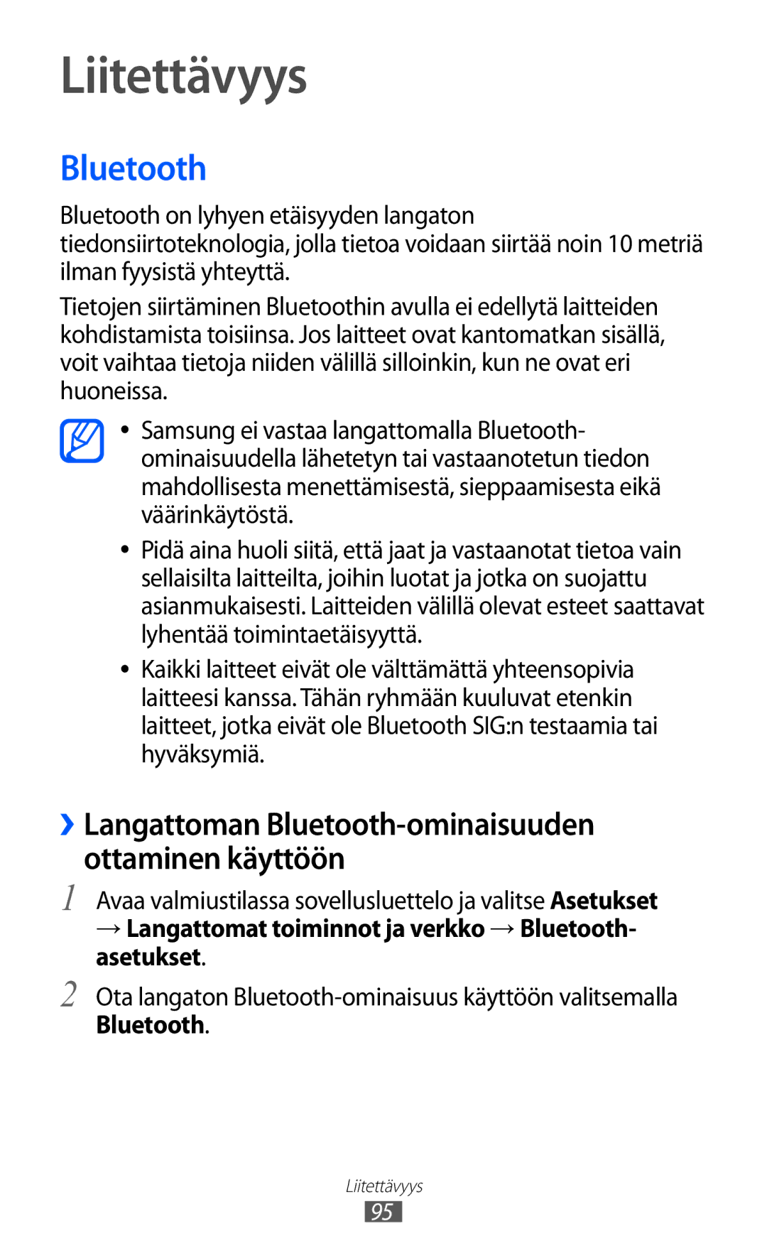 Samsung GT-I9210DAANEE manual Liitettävyys, ››Langattoman Bluetooth-ominaisuuden ottaminen käyttöön 