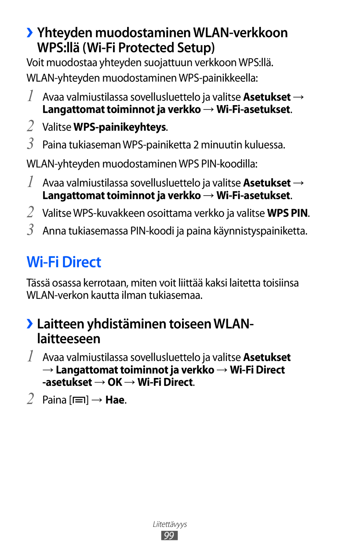 Samsung GT-I9210DAANEE manual Wi-Fi Direct, WPSllä Wi-Fi Protected Setup, ››Laitteen yhdistäminen toiseen WLAN- laitteeseen 