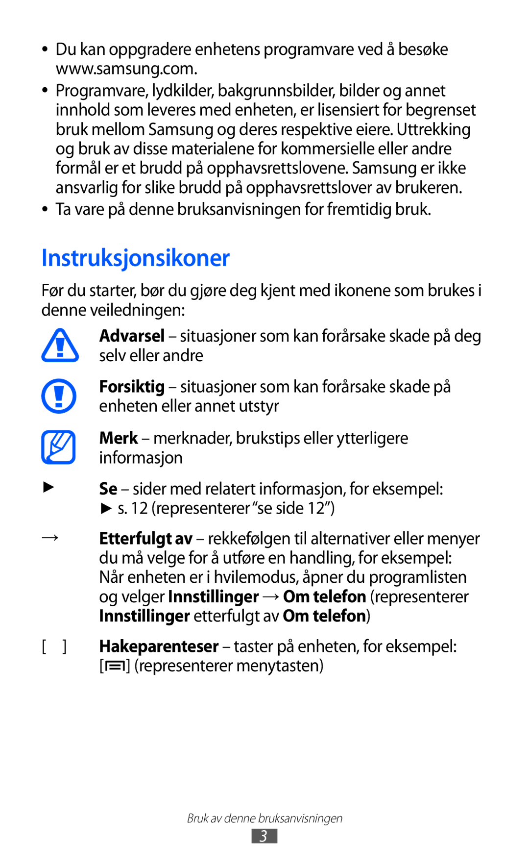 Samsung GT-I9210DAANEE manual Instruksjonsikoner, Representerer menytasten 