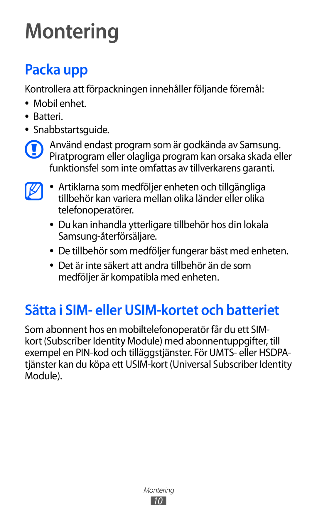 Samsung GT-I9210DAANEE manual Montering, Packa upp 