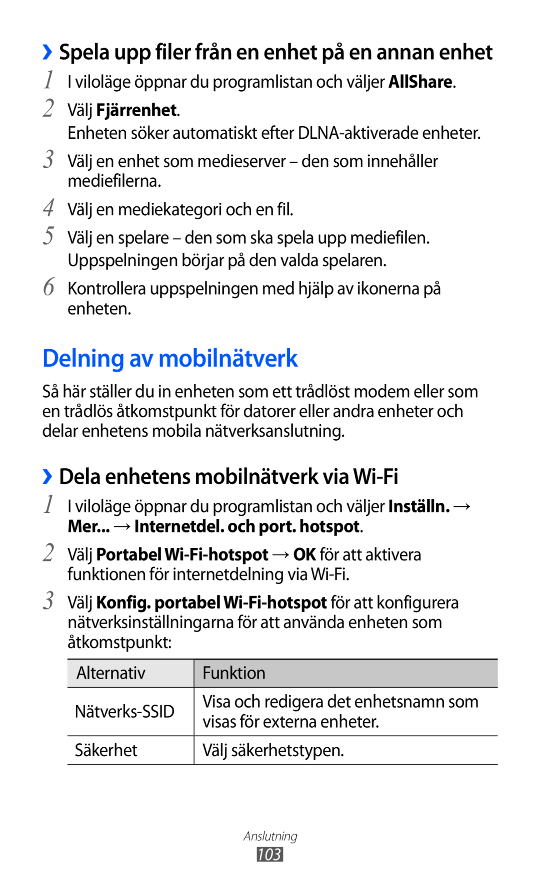 Samsung GT-I9210DAANEE manual Delning av mobilnätverk, ››Dela enhetens mobilnätverk via Wi-Fi, Välj Fjärrenhet 