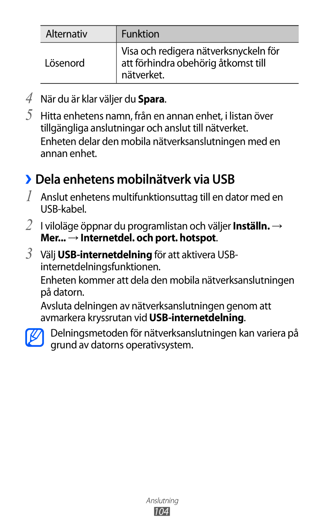 Samsung GT-I9210DAANEE manual ››Dela enhetens mobilnätverk via USB, 104 