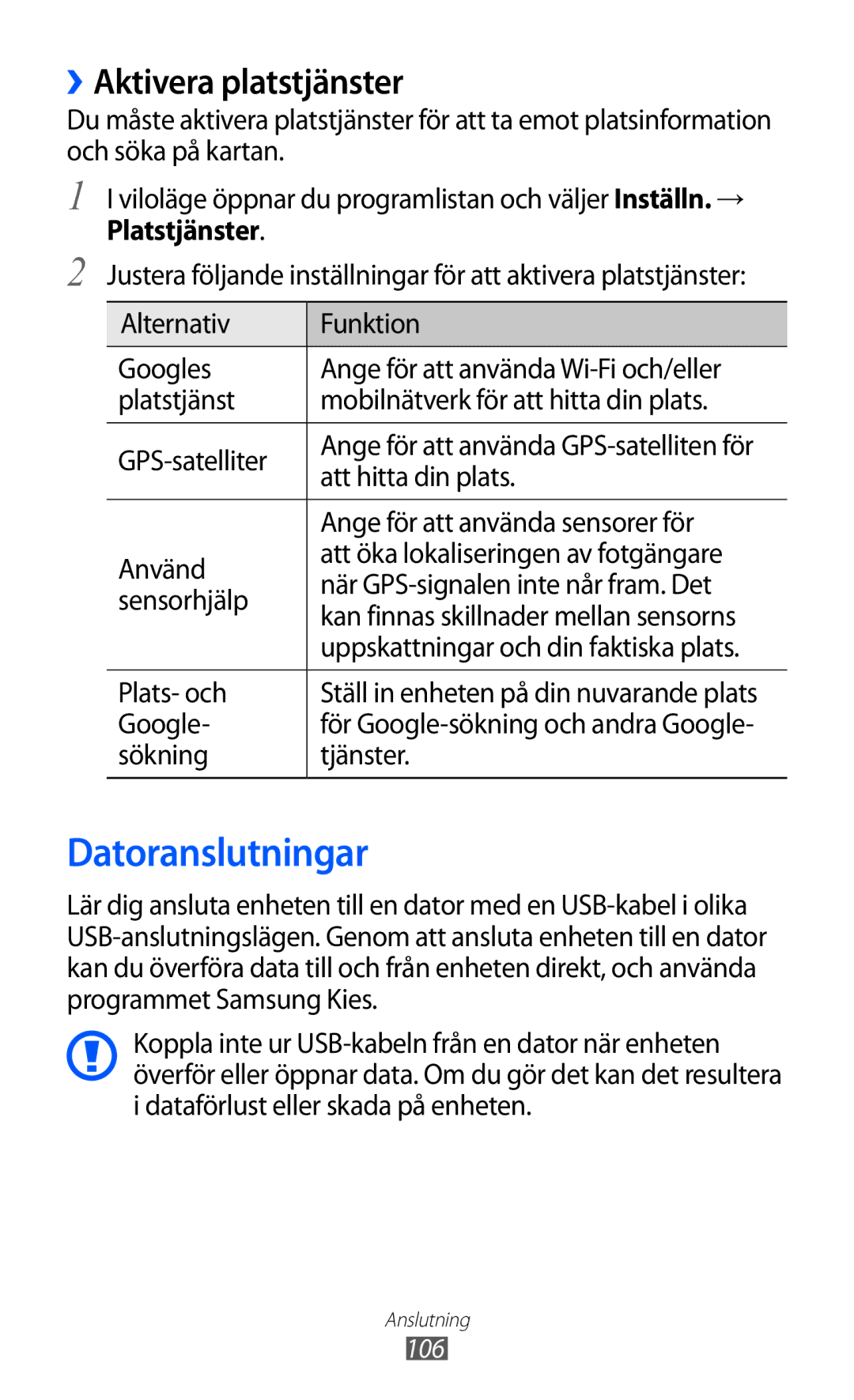 Samsung GT-I9210DAANEE manual Datoranslutningar, ››Aktivera platstjänster 