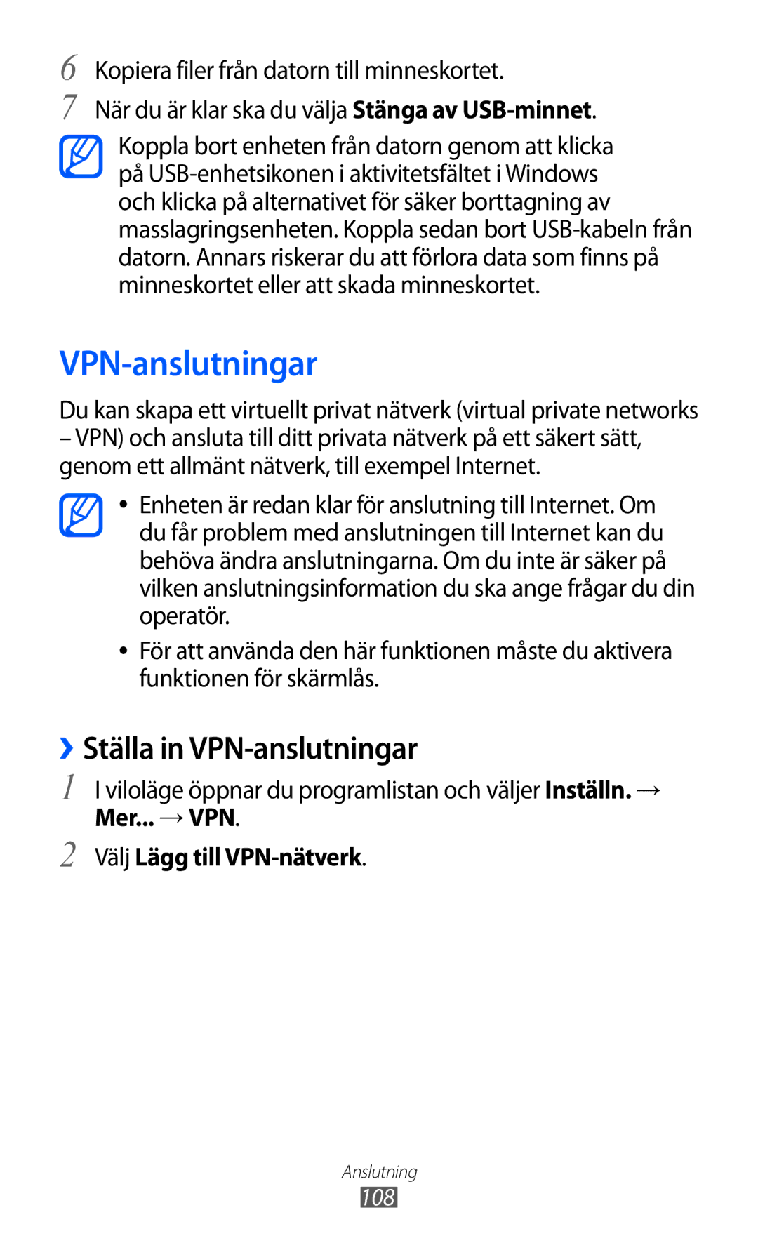 Samsung GT-I9210DAANEE manual ››Ställa in VPN-anslutningar, Mer... → VPN Välj Lägg till VPN-nätverk, 108 