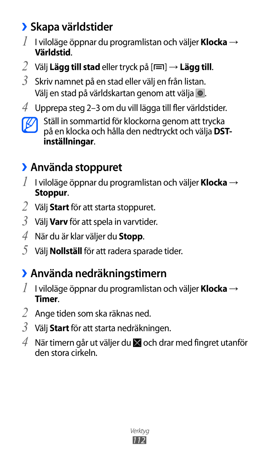 Samsung GT-I9210DAANEE manual ››Skapa världstider, ››Använda stoppuret, ››Använda nedräkningstimern, Världstid, Stoppur 