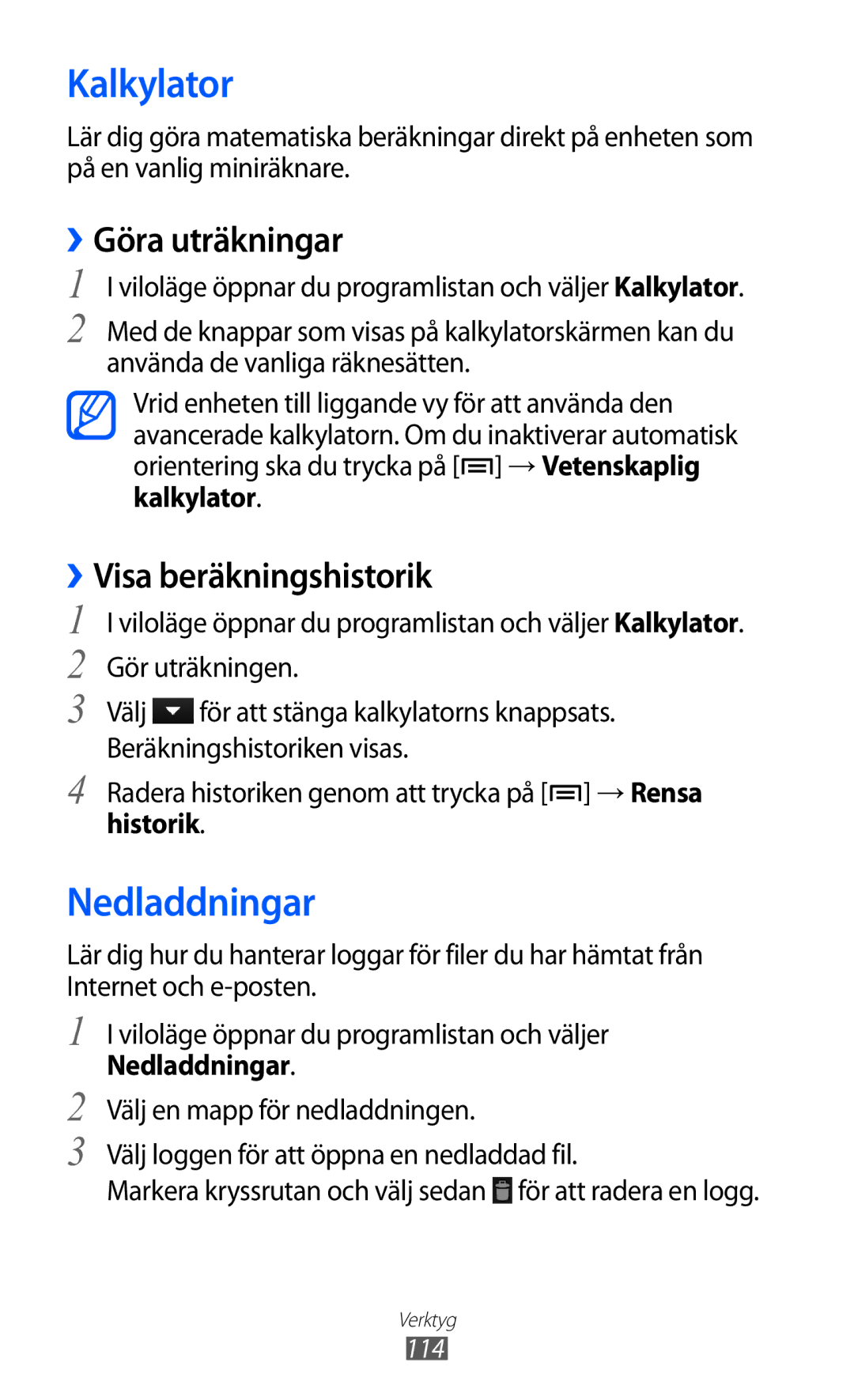 Samsung GT-I9210DAANEE manual Kalkylator, Nedladdningar, ››Göra uträkningar, ››Visa beräkningshistorik, Historik 