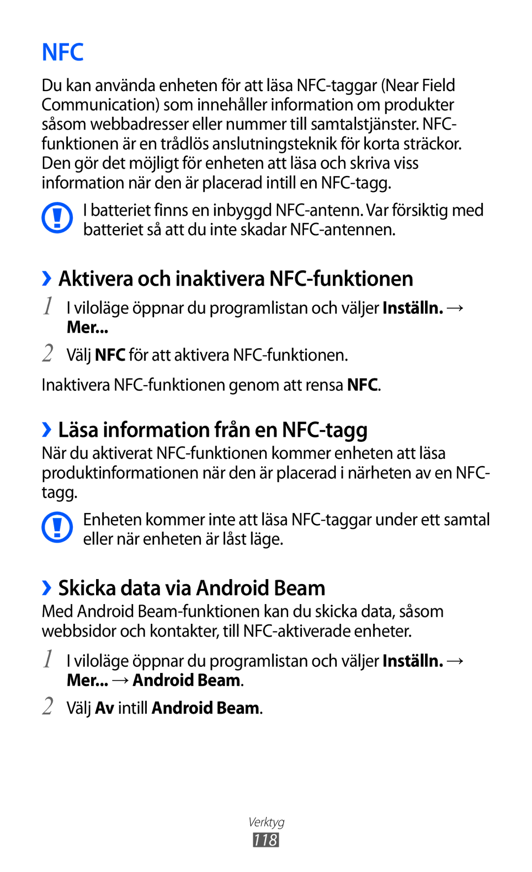 Samsung GT-I9210DAANEE manual ››Aktivera och inaktivera NFC-funktionen, ››Läsa information från en NFC-tagg, Mer 