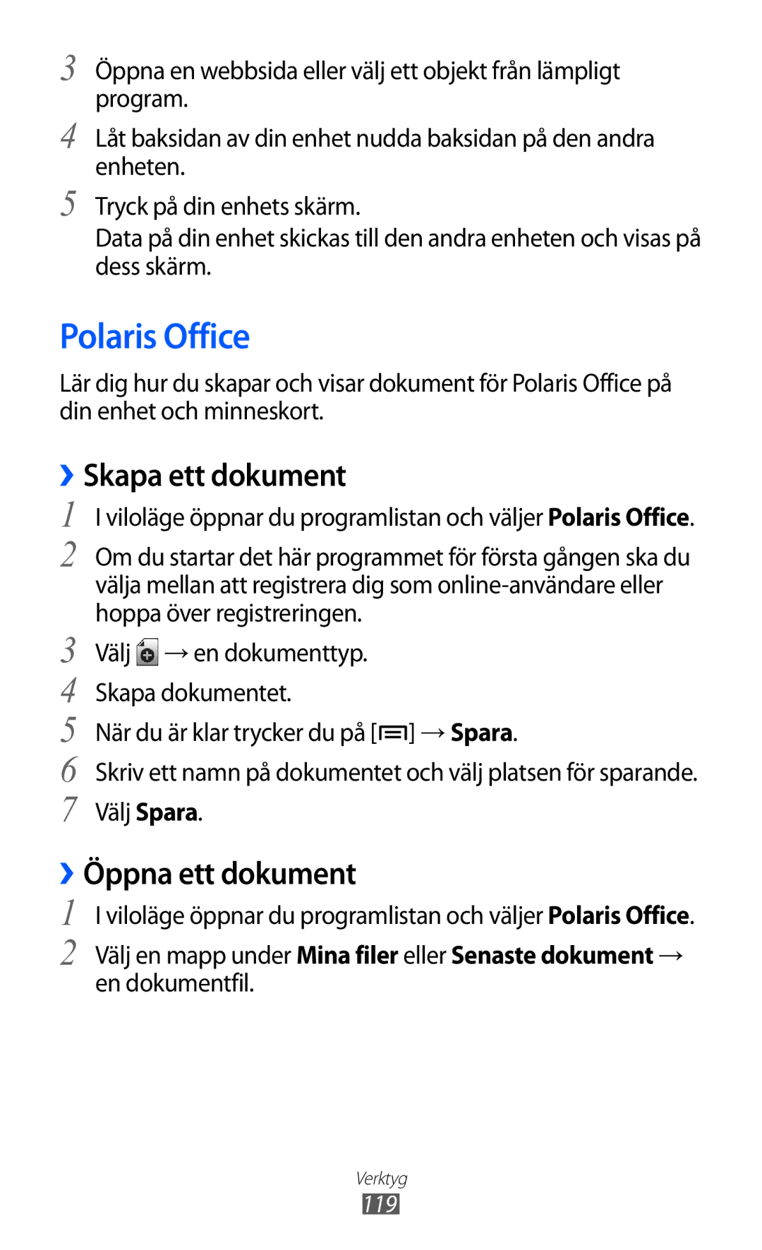 Samsung GT-I9210DAANEE manual Polaris Office, ››Skapa ett dokument, ››Öppna ett dokument, 119 