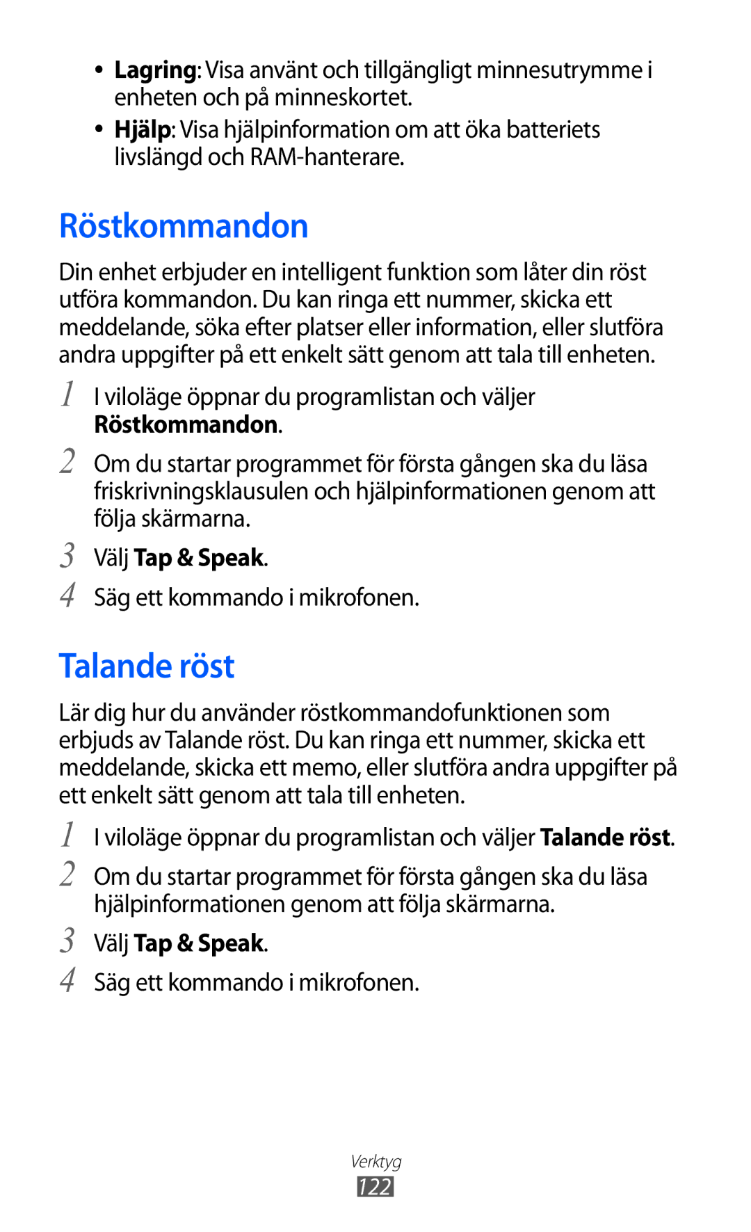 Samsung GT-I9210DAANEE manual Röstkommandon, Talande röst, Välj Tap & Speak, Säg ett kommando i mikrofonen, 122 