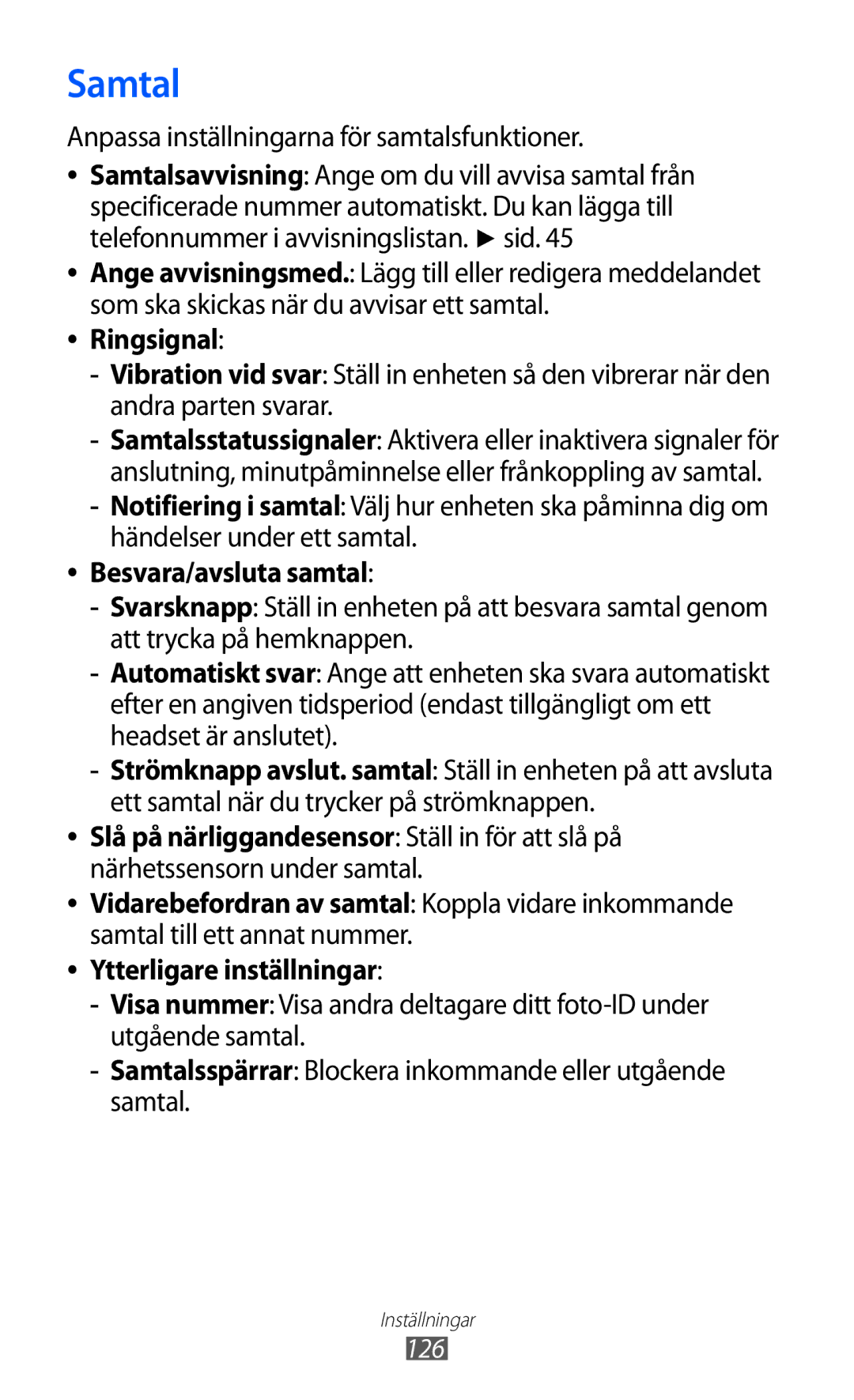 Samsung GT-I9210DAANEE manual Anpassa inställningarna för samtalsfunktioner, Ringsignal, Besvara/avsluta samtal, 126 