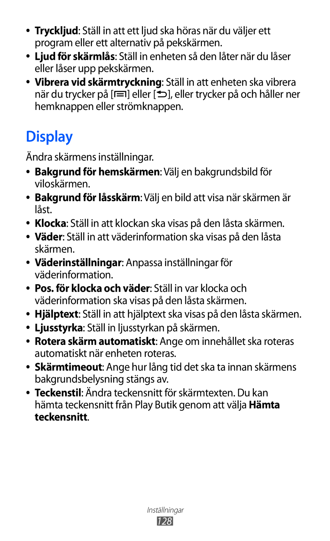 Samsung GT-I9210DAANEE manual Display, Ändra skärmens inställningar, Ljusstyrka Ställ in ljusstyrkan på skärmen, 128 