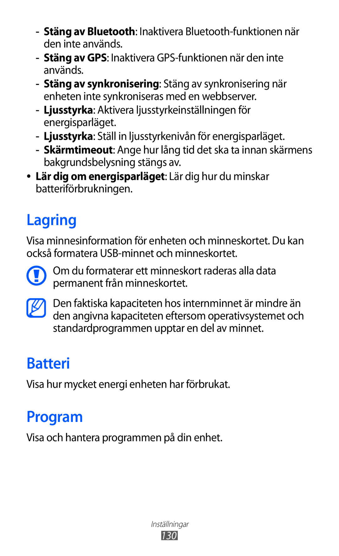 Samsung GT-I9210DAANEE manual Lagring, Batteri, Program, Lär dig om energisparläget Lär dig hur du minskar 