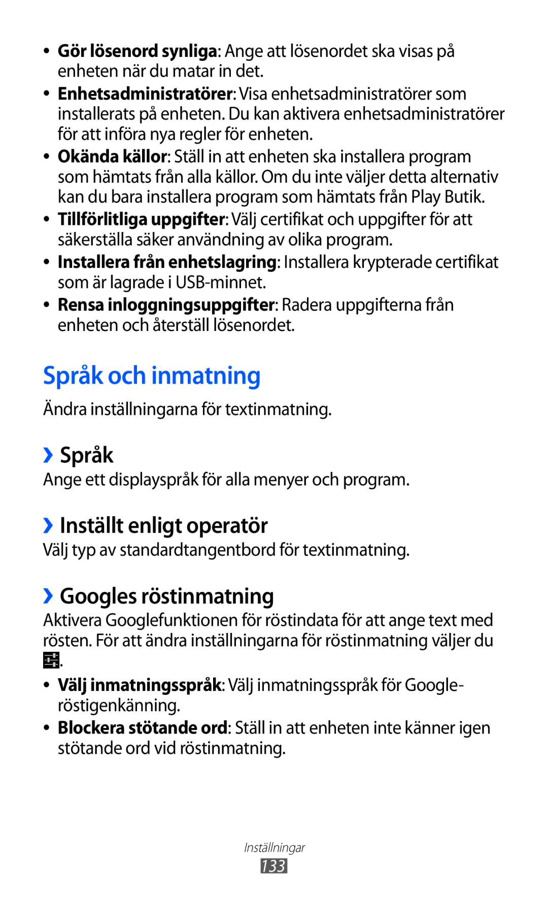 Samsung GT-I9210DAANEE manual Språk och inmatning, ››Språk, ››Inställt enligt operatör, ››Googles röstinmatning 