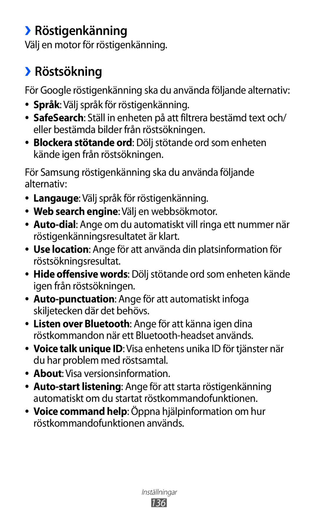 Samsung GT-I9210DAANEE manual ››Röstigenkänning, ››Röstsökning, Välj en motor för röstigenkänning, 136 