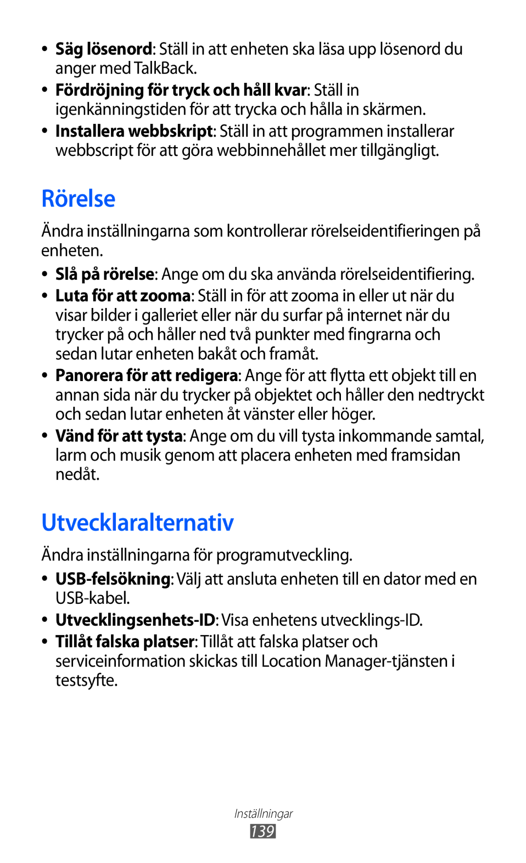 Samsung GT-I9210DAANEE manual Rörelse, Utvecklaralternativ, Ändra inställningarna för programutveckling, 139 