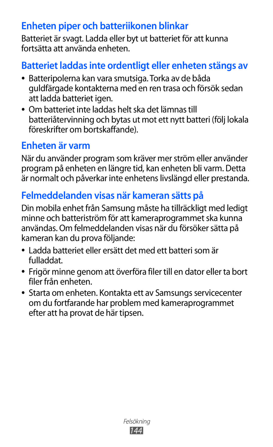 Samsung GT-I9210DAANEE manual Enheten piper och batteriikonen blinkar, 144 