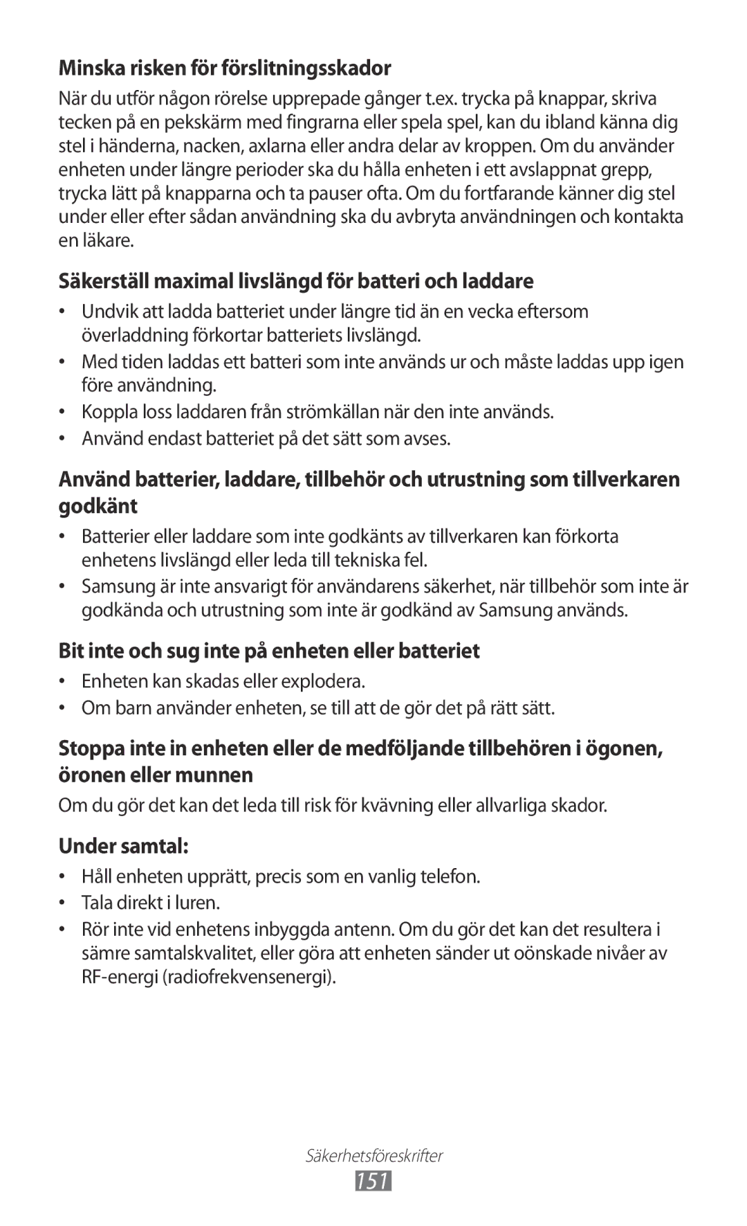 Samsung GT-I9210DAANEE manual 151, Minska risken för förslitningsskador 