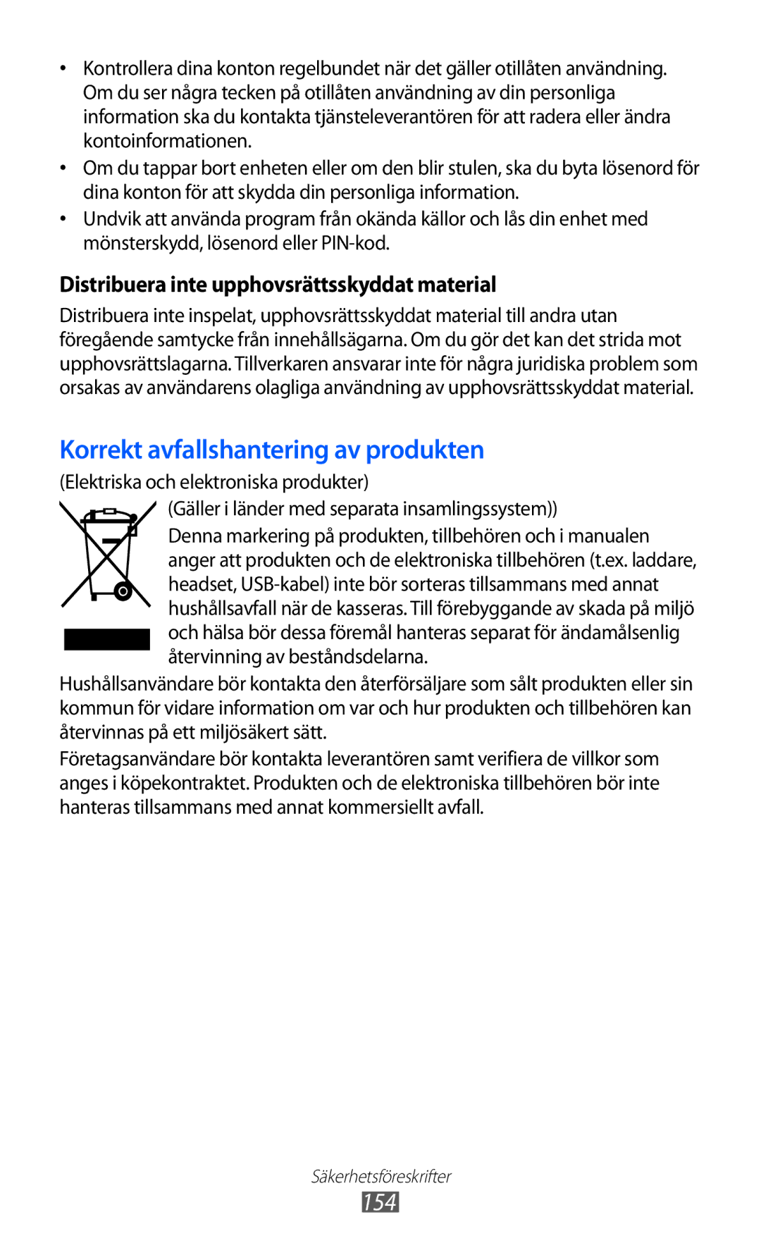 Samsung GT-I9210DAANEE manual 154, Distribuera inte upphovsrättsskyddat material 