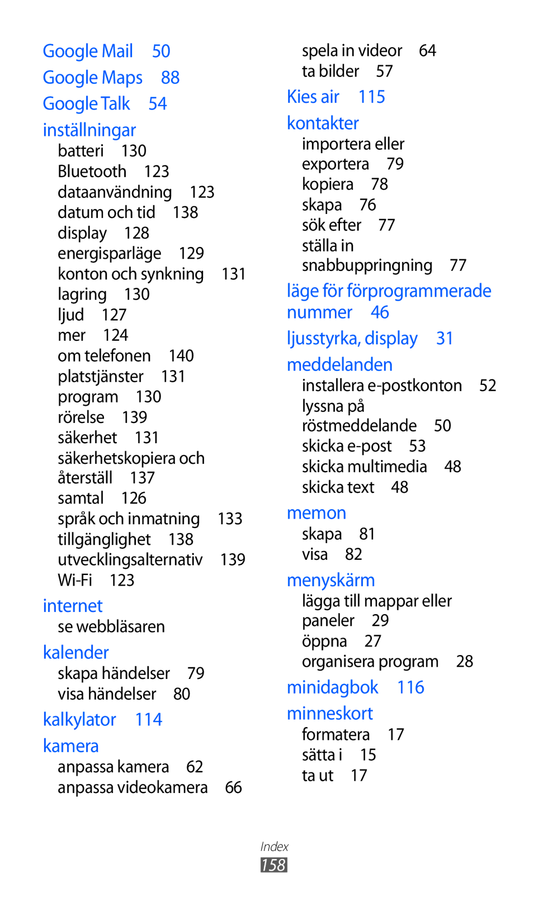 Samsung GT-I9210DAANEE manual Inställningar, 158 