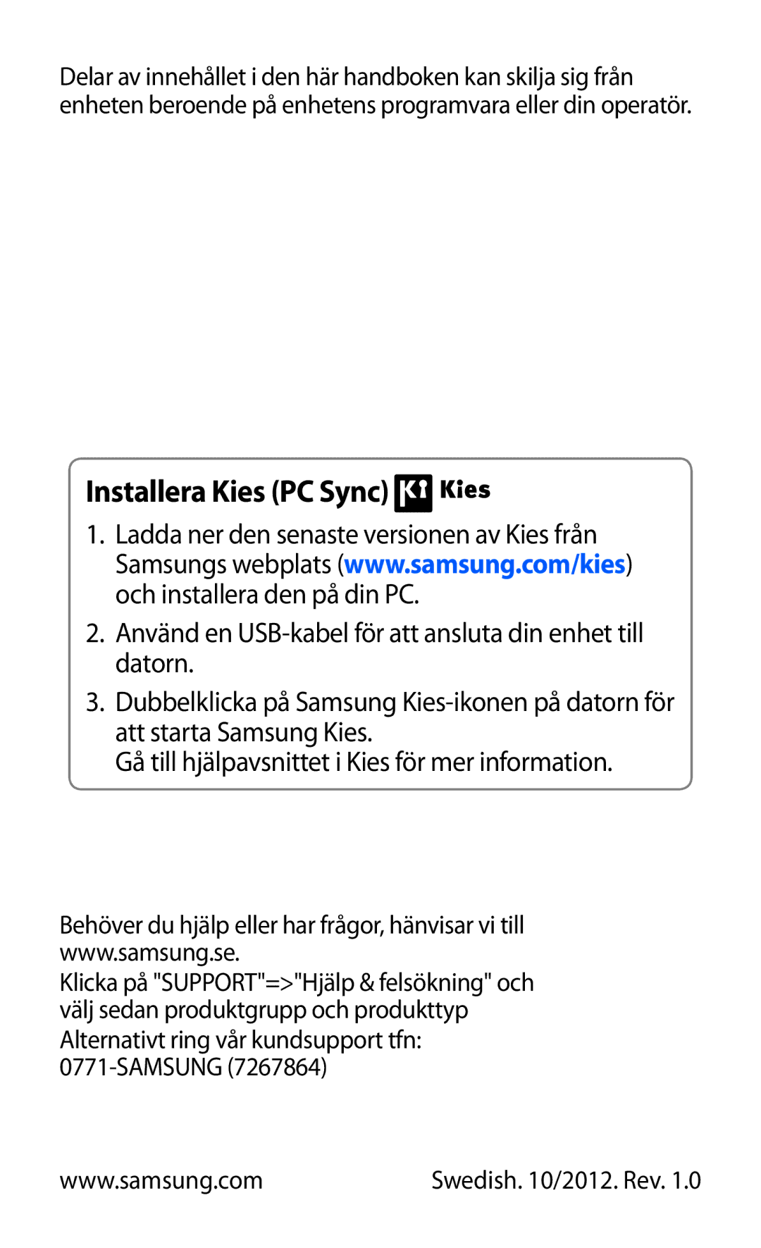 Samsung GT-I9210DAANEE manual Installera Kies PC Sync, Samsung 