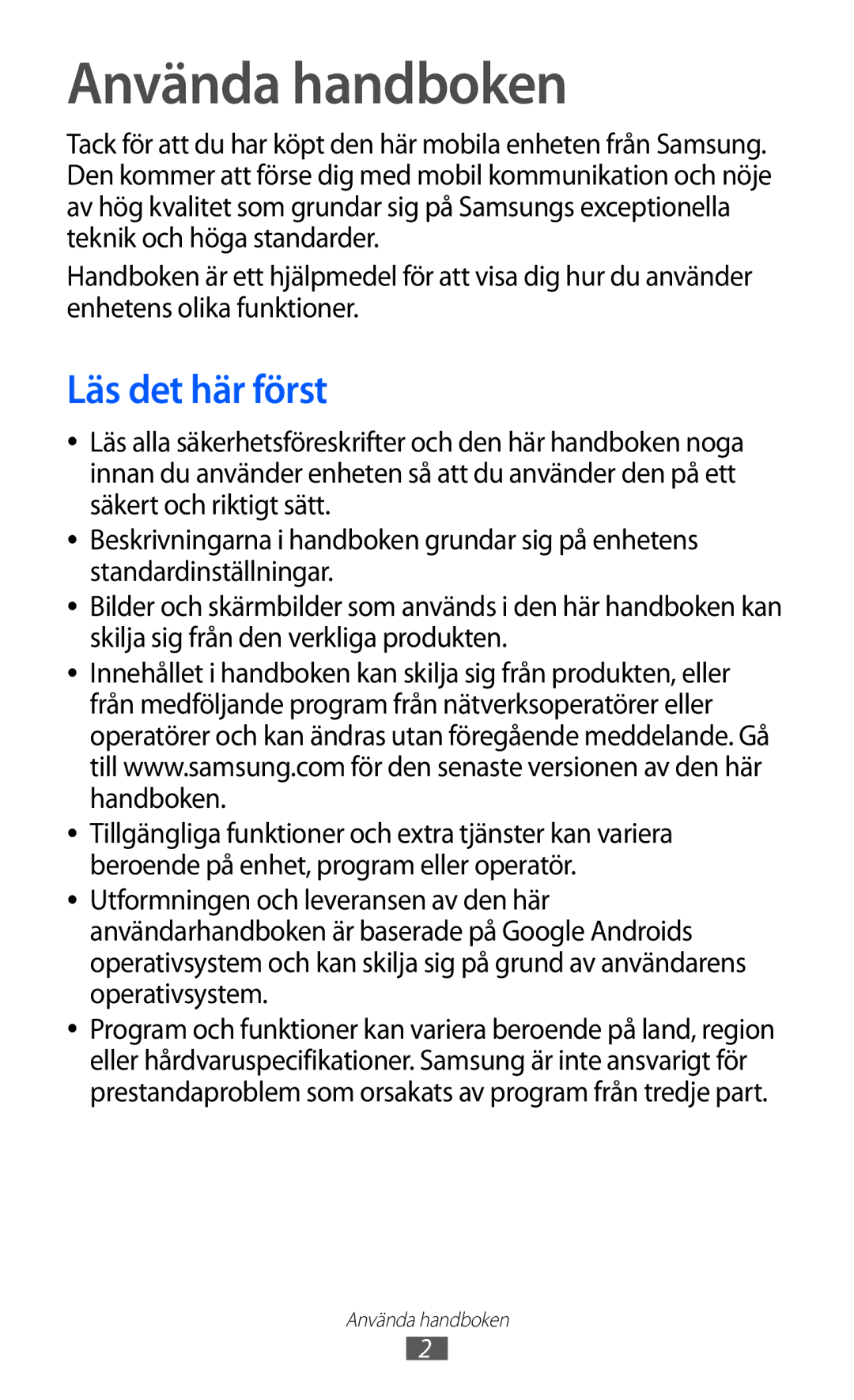 Samsung GT-I9210DAANEE manual Använda handboken, Läs det här först 