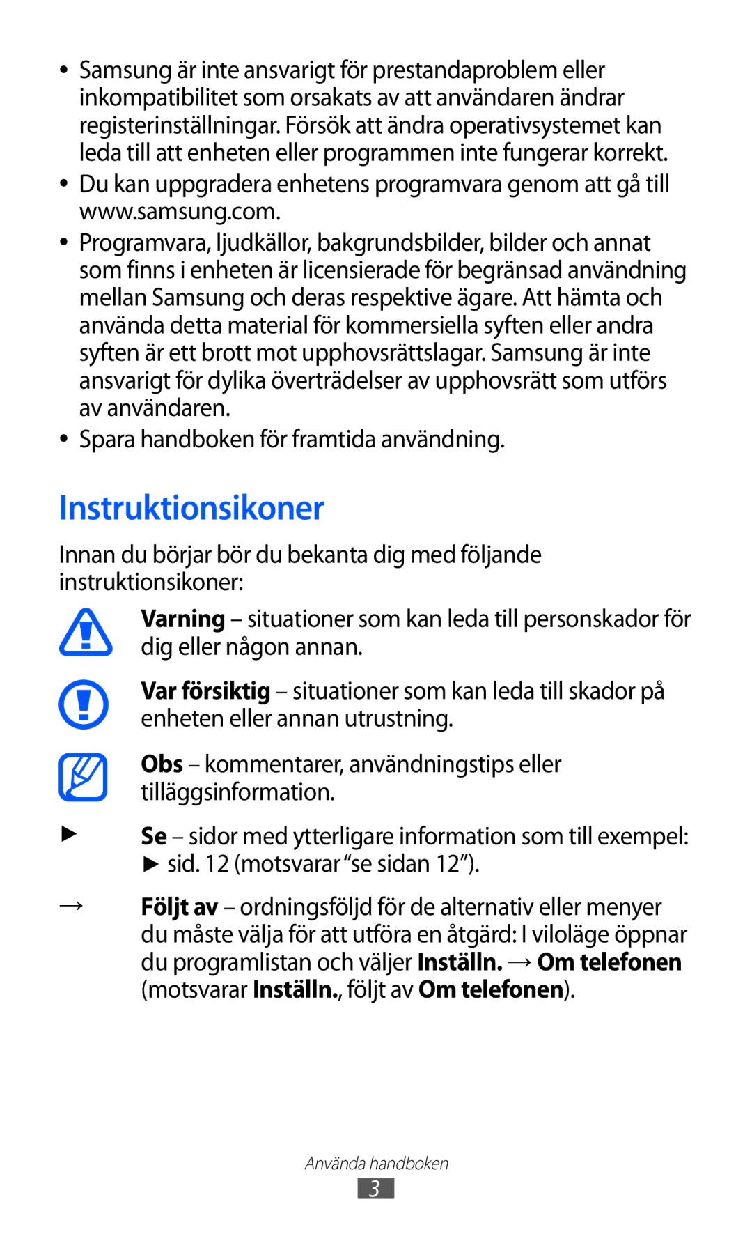 Samsung GT-I9210DAANEE manual Instruktionsikoner, Spara handboken för framtida användning 