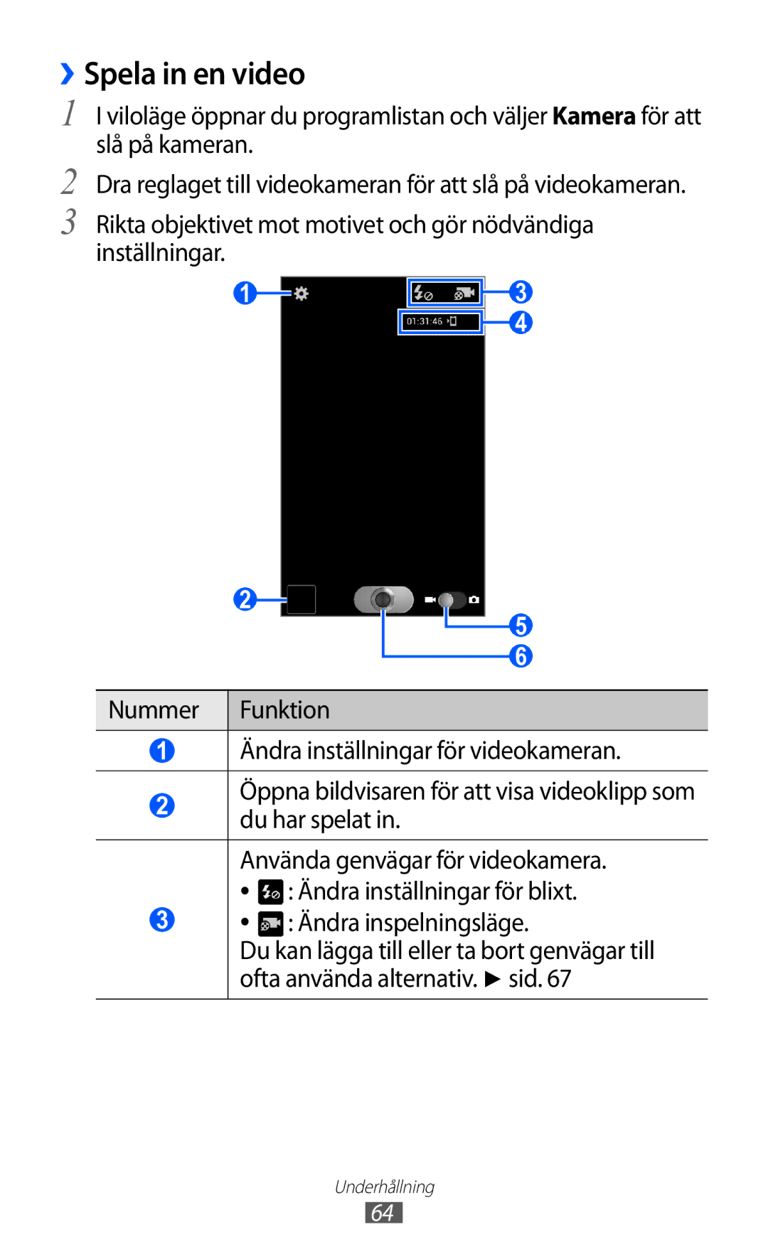 Samsung GT-I9210DAANEE manual ››Spela in en video, Ofta använda alternativ. sid 