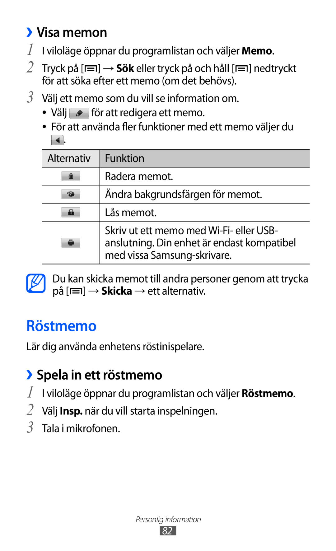 Samsung GT-I9210DAANEE manual Röstmemo, ››Visa memon, ››Spela in ett röstmemo, Lär dig använda enhetens röstinispelare 