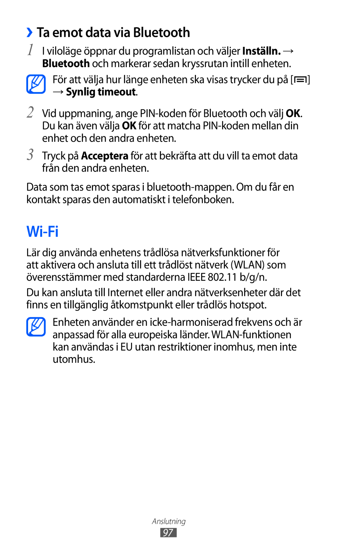 Samsung GT-I9210DAANEE manual Wi-Fi, ››Ta emot data via Bluetooth, → Synlig timeout 