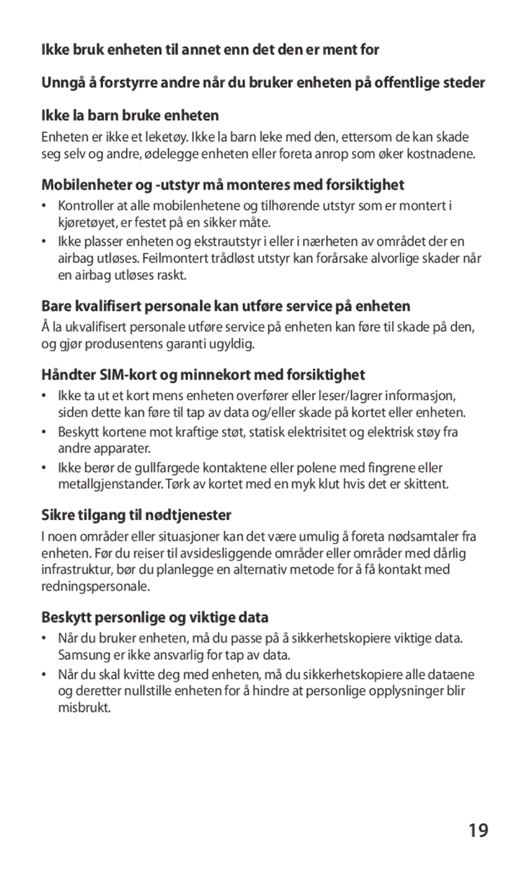 Samsung GT-I9250TSANEE manual Mobilenheter og -utstyr må monteres med forsiktighet, Sikre tilgang til nødtjenester 