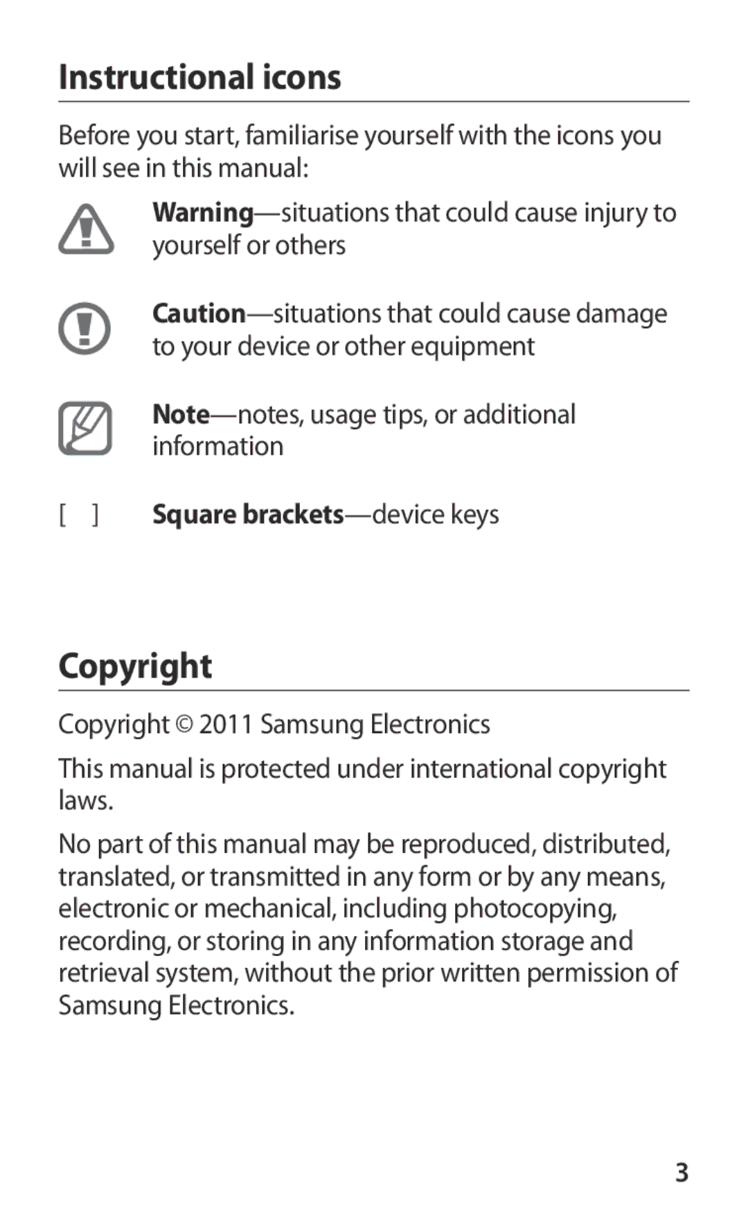 Samsung GT-I9250TSADTM, GT-I9250TSAITV, GT-I9250TSATUR manual Instructional icons, Copyright, Square brackets-device keys 