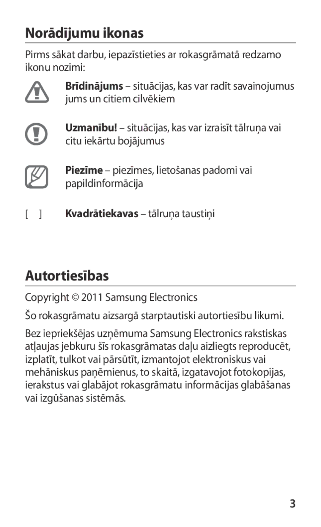 Samsung GT-I9250CWASEB, GT-I9250TSASEB manual Norādījumu ikonas, Autortiesības 