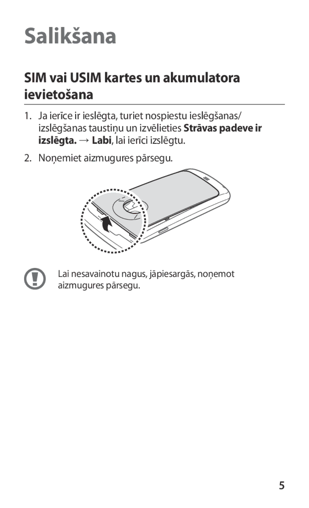 Samsung GT-I9250CWASEB, GT-I9250TSASEB manual Salikšana, SIM vai Usim kartes un akumulatora ievietošana 