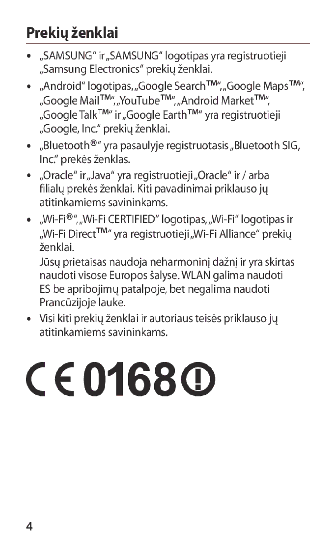 Samsung GT-I9250TSASEB, GT-I9250CWASEB manual Prekių ženklai 